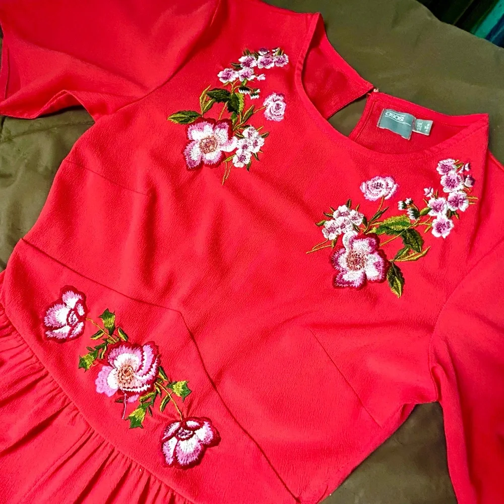 ASOS Red, Pink Floral Embroidered Wide-Leg Jumpsuit, Size 4 - Picture 3 of 9